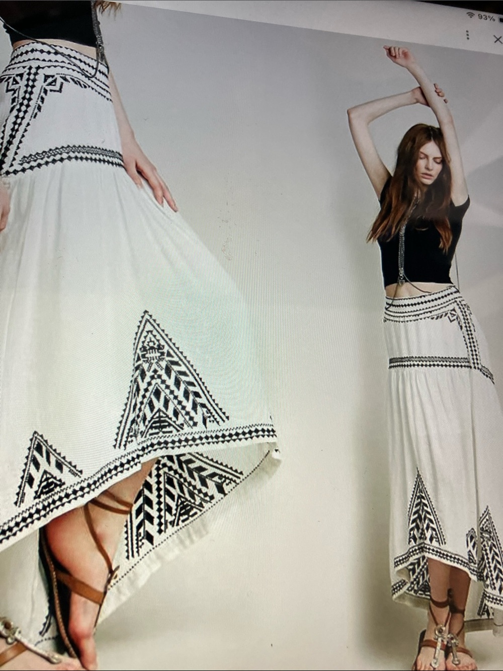 Free People White Maxi Skirt with Black Geometric Embroidery high low side z